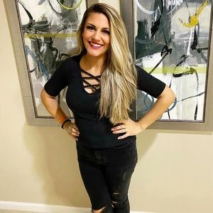 Ambiance Black X-Cross V Neck Top